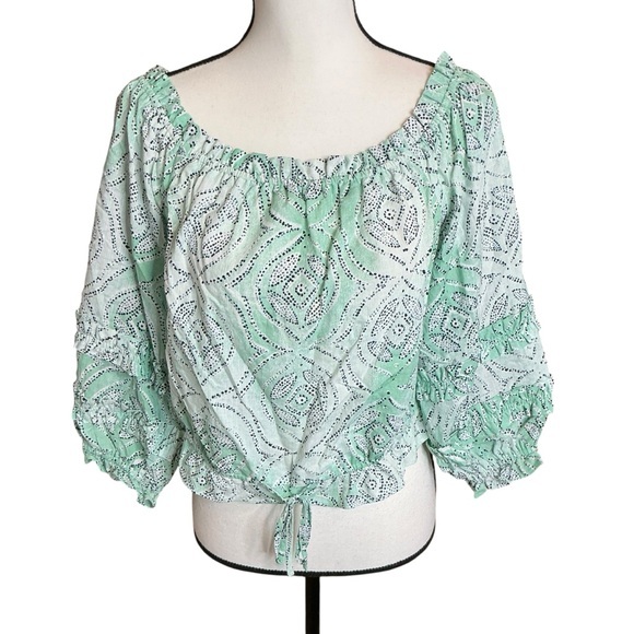 LC Lauren Conrad Blouse Mint Green White Patterned Off the Shoulder Cropped - Picture 1 of 16